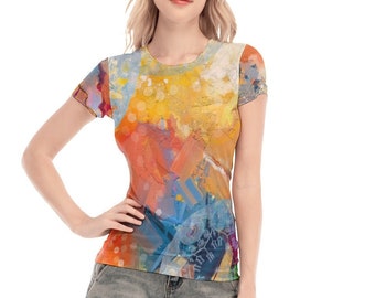Top de malla de manga corta para mujer con estampado artístico de acuarelas brillantes