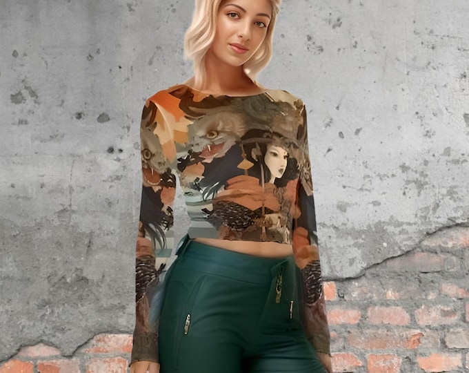 Japanese art print print women's mesh crop top long sleeves two styles up to 6xl