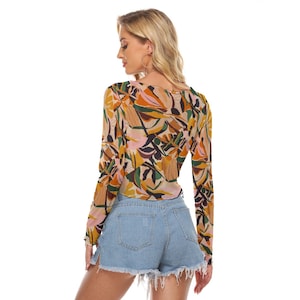 Y2K Jungle Print  Women&#39;s Mesh Crop Top Long Sleeves up to 6XL