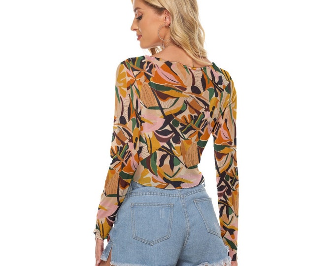 Y2K Jungle Print  Women's Mesh Crop Top Long Sleeves up to 6XL