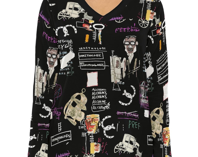 V-Neck Graffiti Print Top: Long Sleeve Streetwear