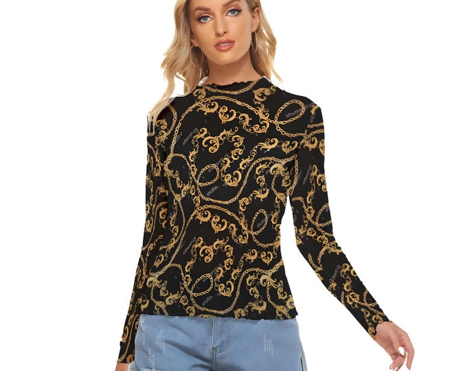 Golden Chains and Swirls Print Women's Mesh Top  Black Long Sleeves Free Shipping up to 6XL
