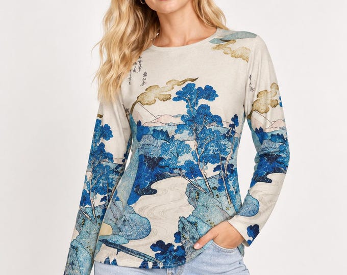 Japanese Art Long Sleeve Top: Cotton Landscape Print Two Styles