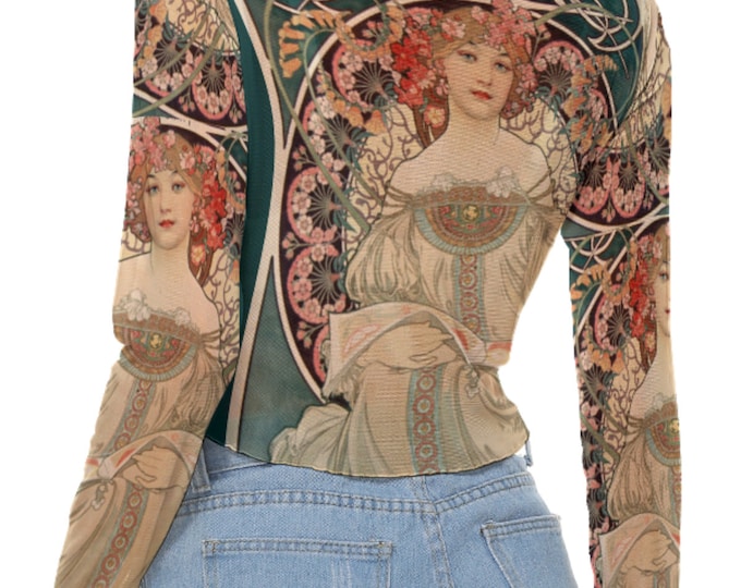 Alfonse Mucha Art Print Women's Mesh Crop Top Long Sleeves up to 6 XL