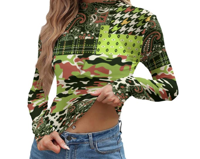 Camo Patchwork Women's Mesh Top Long Sleeves up to 6 XL