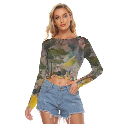 Medieval Art Print Mesh Top, Long Sleeve Sheer Crop Top - Etsy