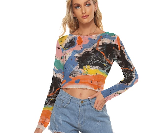 Art Print Women's Mesh Crop Top Semi-Sheer