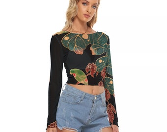 関税込★THE MUSEUM VISITOR★CRAYON ART PRINTED CROP SLEEVE Japanese Antique Painting Print Women's Mesh Crop Top Long