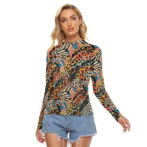 Top da yoga in rete con stampa animalier da donna, maniche lunghe, vari modelli fino alla 6XL