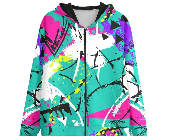 Y2K Graffiti Cotton Full Zip Hoodie: Colorful Abstract Unisex Jacket