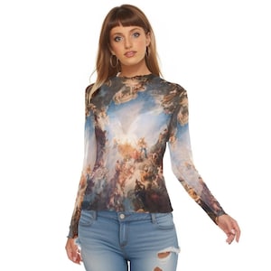Baroque vintage-looking women&#39;s mesh top long sleeves crop  and classic length up to 6xl