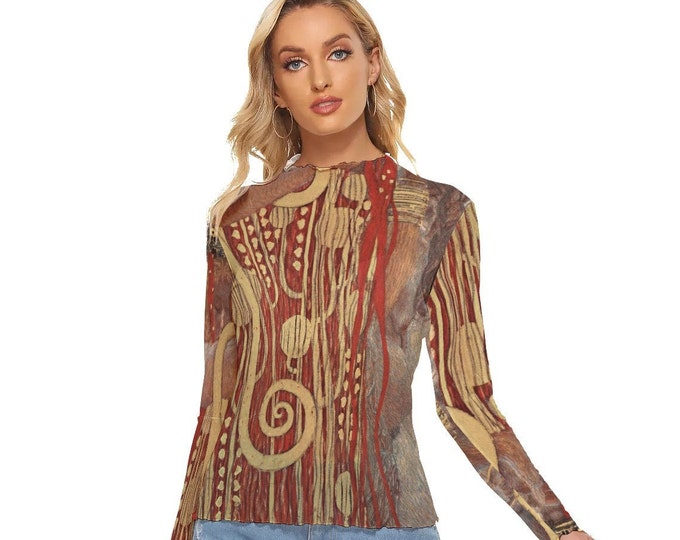 Gustav Klimt Red and Gold Print Mesh Top up to 6XL