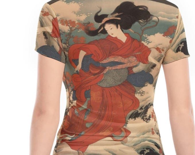 Japanese traditional painting art print women's mesh tee-shirt three styles