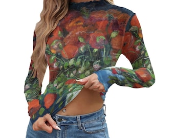 Blusa de malla con estampado artístico de Van Gogh, camisa semitransparente de manga larga