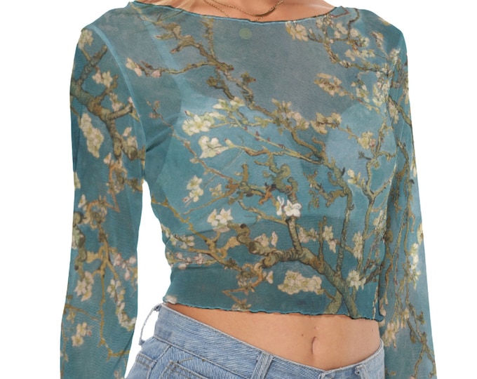 Van Gogh Art  Women's Mesh Crop Top Long Sleeves up to 6XL