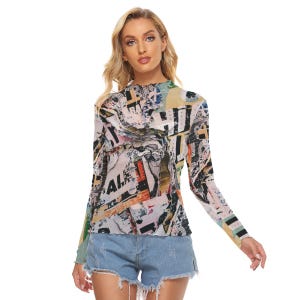 Y2K Newsprint  Women&#39;s Mesh Crop Top Long Sleeves up to 6XL Crop and Classic