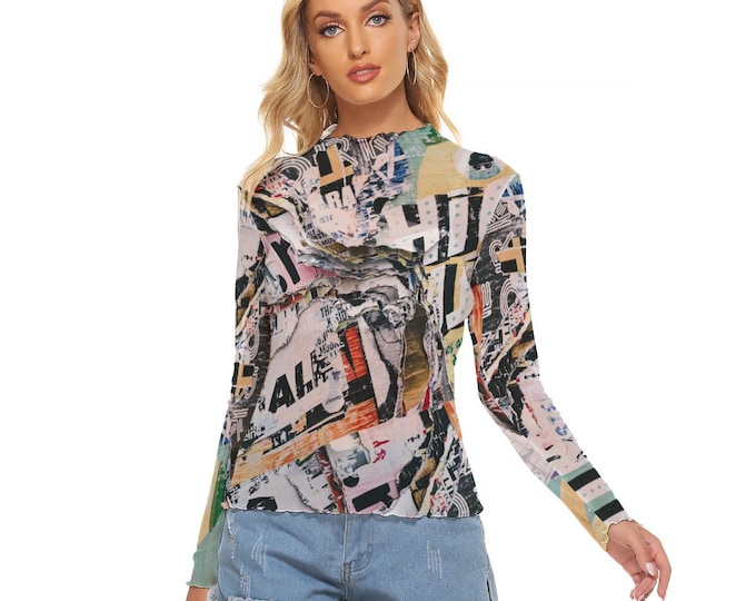 Y2K Newsprint  Women's Mesh Crop Top Long Sleeves up to 6XL Crop and Classic