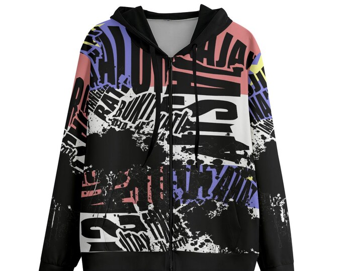 Newsprint Cotton Unisex Hoodie: Black & Colorful Zip-Up Jacket