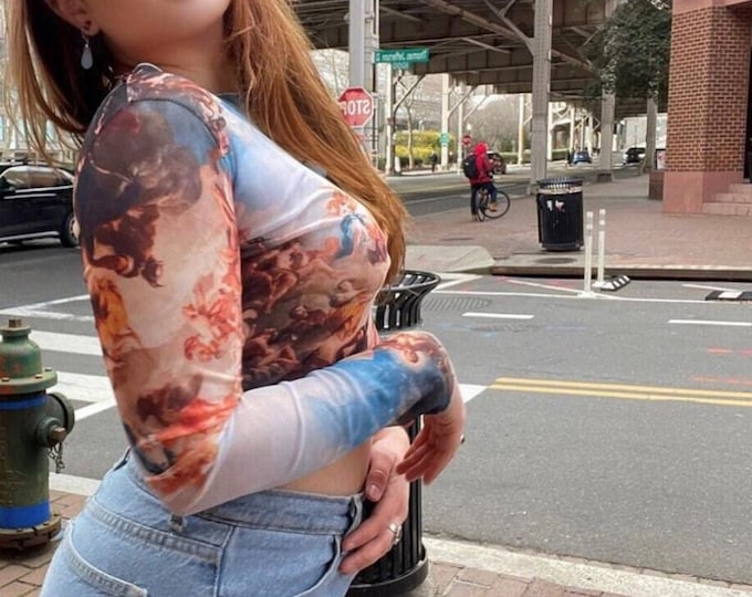 Baroque vintage-looking women's mesh top long sleeves crop  and classic length up to 6xl