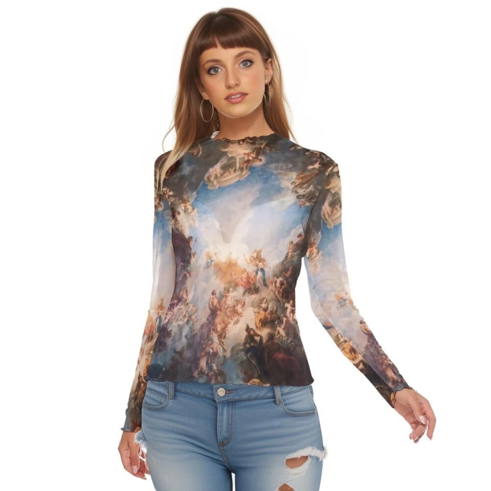 Shirtless Style Baroque Vintage-Looking Women'S Mesh Top Long Sleeves Crop And Classic Length