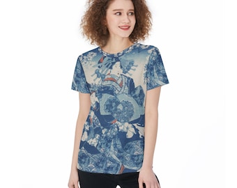 Vintage damesshirt van jersey met Japanse print, twee stijlen