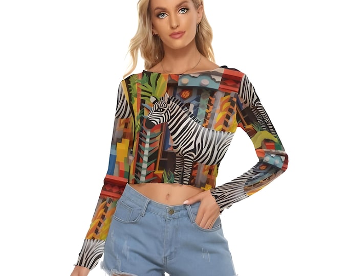 Jungle Print Women's Mesh Crop Top Semi-Sheer Long Sleeves Two Styles Free Shipping up to 6XL