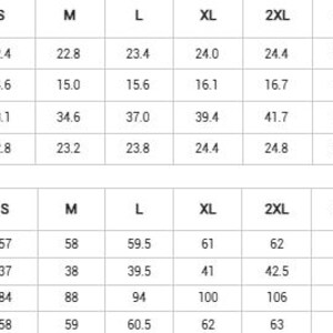 Peut inclure: Un tableau de tailles de v&ecirc;tements avec des mesures en pouces et en centim&egrave;tres. Les tailles vont de XS &agrave; 6XL, avec des mesures pour la longueur, les &eacute;paules, la poitrine et les manches. Les mesures de longueur en cm varient de 56 &agrave; 66 cm.