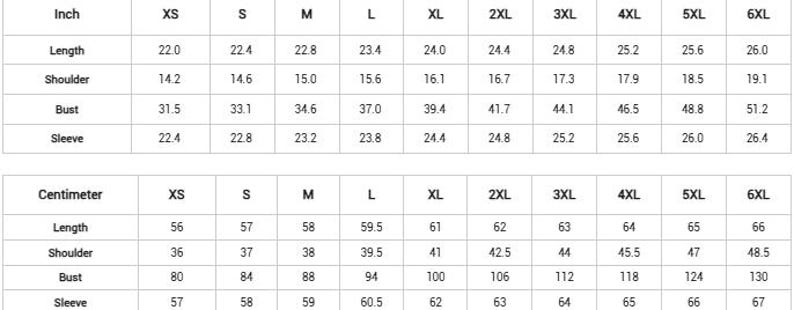 Peut inclure: Un tableau de tailles de v&ecirc;tements avec des mesures en pouces et en centim&egrave;tres. Les tailles vont de XS &agrave; 6XL, avec des mesures pour la longueur, les &eacute;paules, la poitrine et les manches. Les mesures de longueur en cm varient de 56 &agrave; 66 cm.