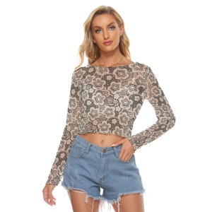 Lace Print Women&#39;s Mesh Crop Top Long Sleeves up to 6XL