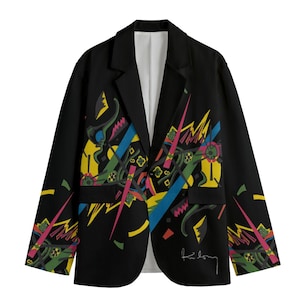May include: A black blazer with a colourful abstract print featuring geometric shapes, lines, and swirls in shades of yellow, green, blue, pink, and red. The blazer has a single button closure and a signature on the right side.