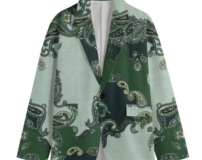 Vintage Men's Cotton Blazer, Green Paisley Print, Urban Style