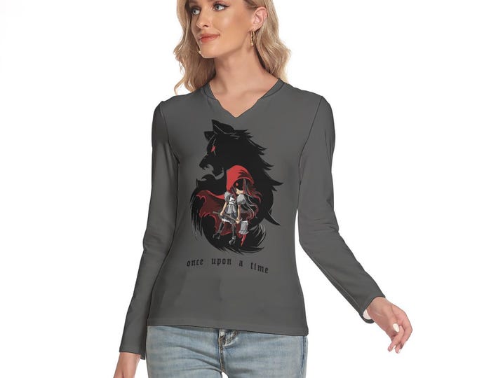 V-Neck Red Riding Hood Women's  T-shirt Long Sleeves