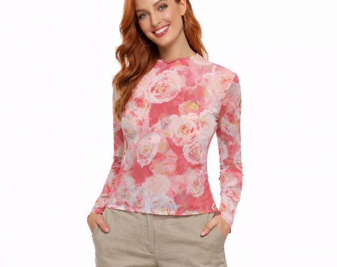 Floral  Women's Mesh Top Long Sleeves
