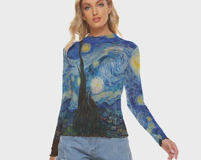 Van Gogh Starry Night Women's Mesh Top Long Sleeves up to 6XL Crop and Classic