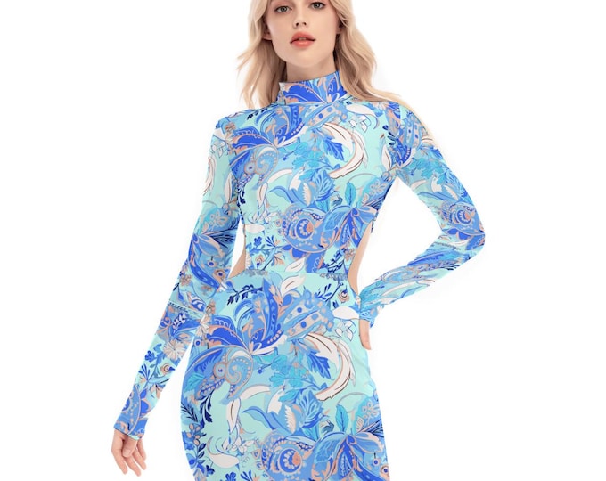 Ice and Blues Women's Party Mini Dress, Long Sleeves, Side Cutouts, Mock Neck
