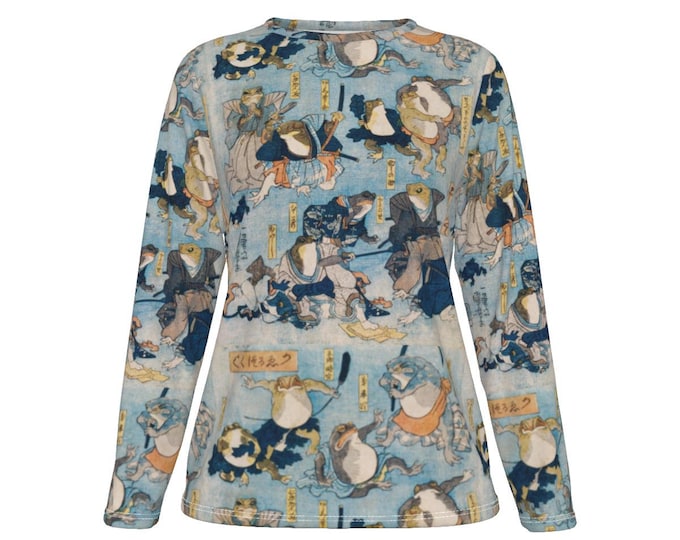 Samurai Frogs Long Sleeve Top: Japanese Vintage Art Cotton Shirt