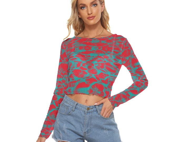 Neon Abstract Print Women's Mesh Crop Long Sleeves Four Styles up to 6XL