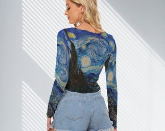 Top corto de malla para mujer Van Gogh Starry Night de manga larga hasta 6XL