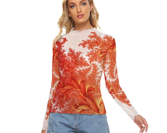 Red Floral Romantic Women's Mesh Top Long Sleeves up to 6XL