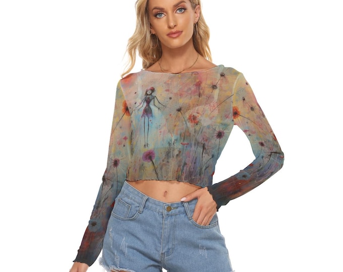 Floral Women's Mesh Crop Top Long Sleeves 6XL