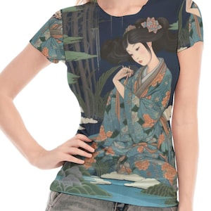 Japanese traditional painting art print women's mesh tee-shirt three styles