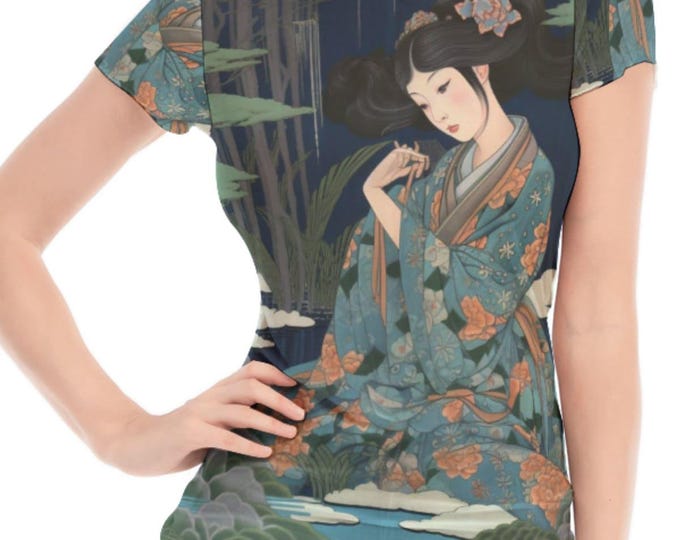 Japanese traditional painting art print women's mesh tee-shirt three styles