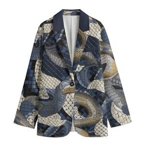 May include: A blue blazer featuring a snake pattern. The blazer has a navy blue collar and a single button fastening.