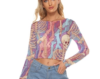 Top corto de malla de esqueleto para mujer, mangas largas hasta 6XL