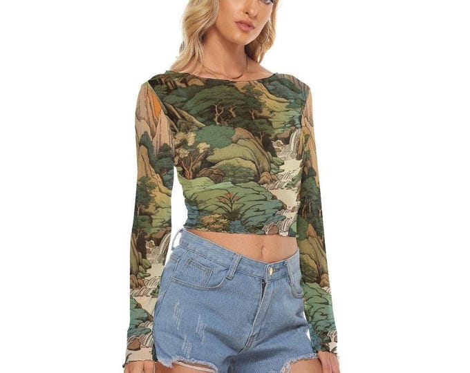 Japanese traditional painting art print mesh crop top long sleeves up to 6xl