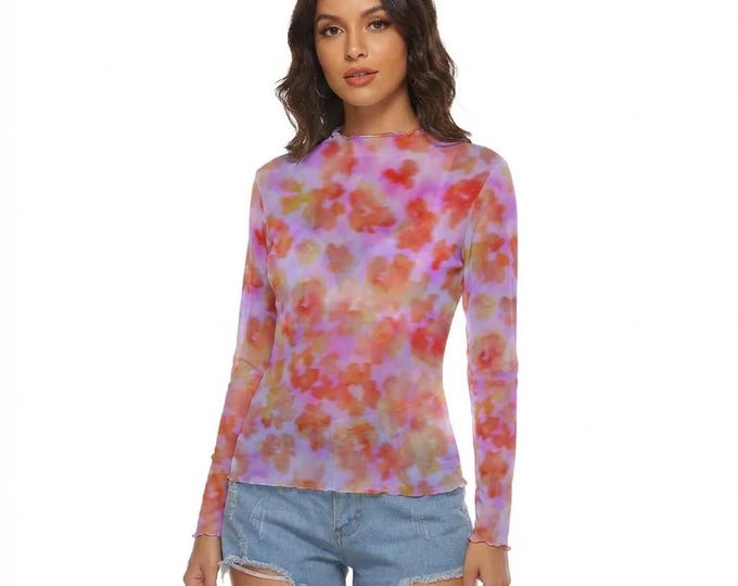 Pink Floral Women's Mesh Top Long Sleeves up to 6 XL