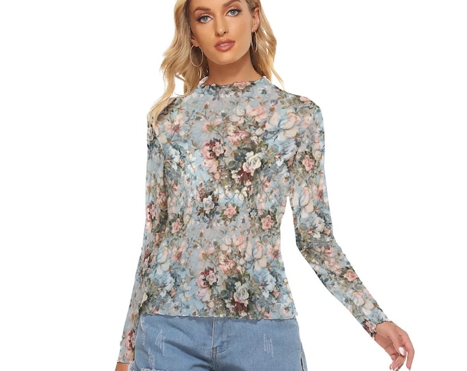 Vintage Victorian Rose Women's Mesh Top Long Sleeves up to 6 XL
