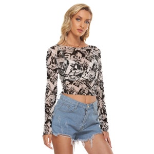 Y2K Newsprint Women&#39;s Mesh Long Sleeves Crop Top up to 6XL