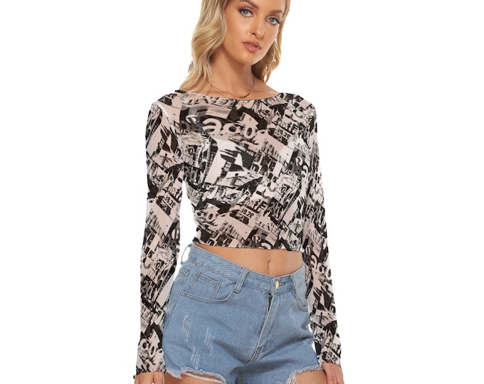 Y2K Newsprint Women's Mesh Long Sleeves Crop Top up to 6XL