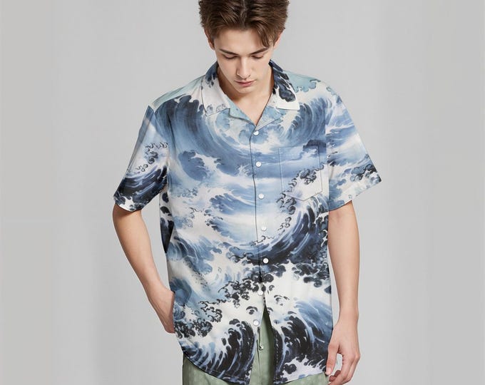 Floating World  Hawaiian Shirt With Pocket in Blue and Grey|115GSM Cotton poplin